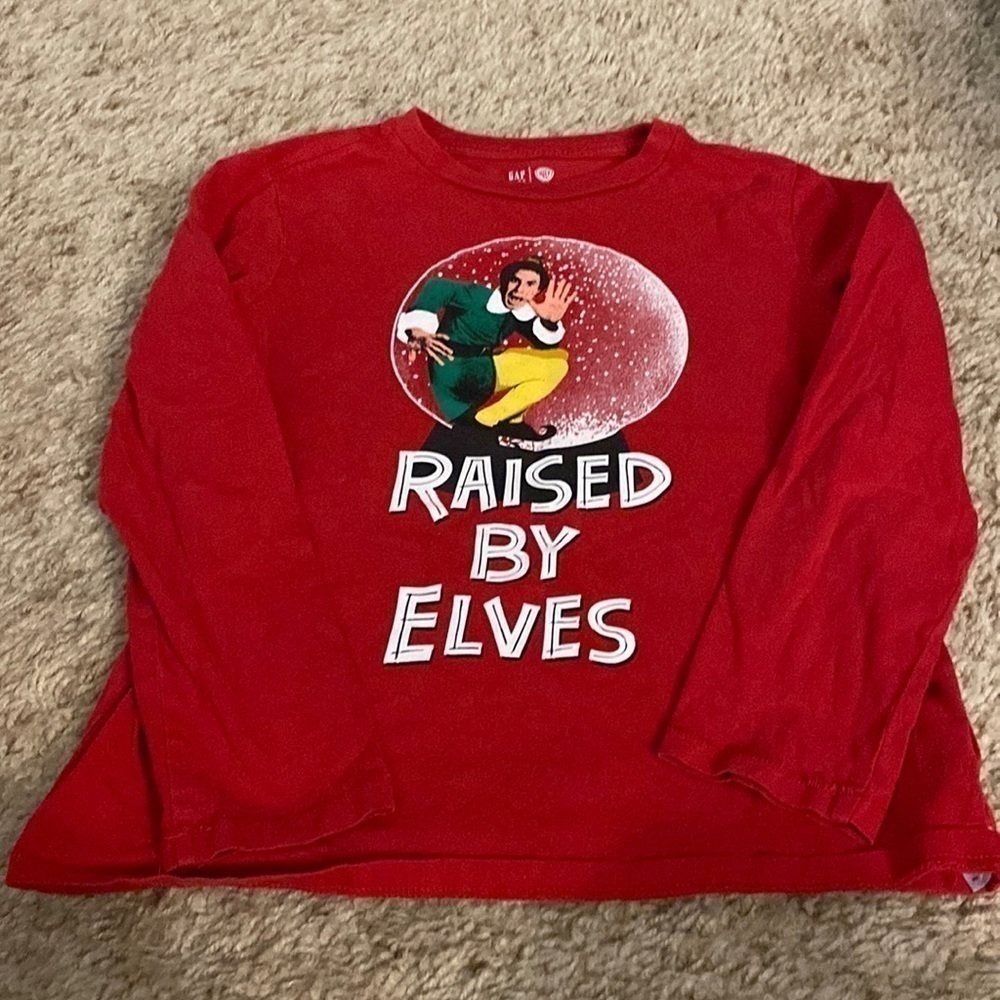 Elf Raised By Elves Red  Long Sleeve Shirt (Kids Medium)